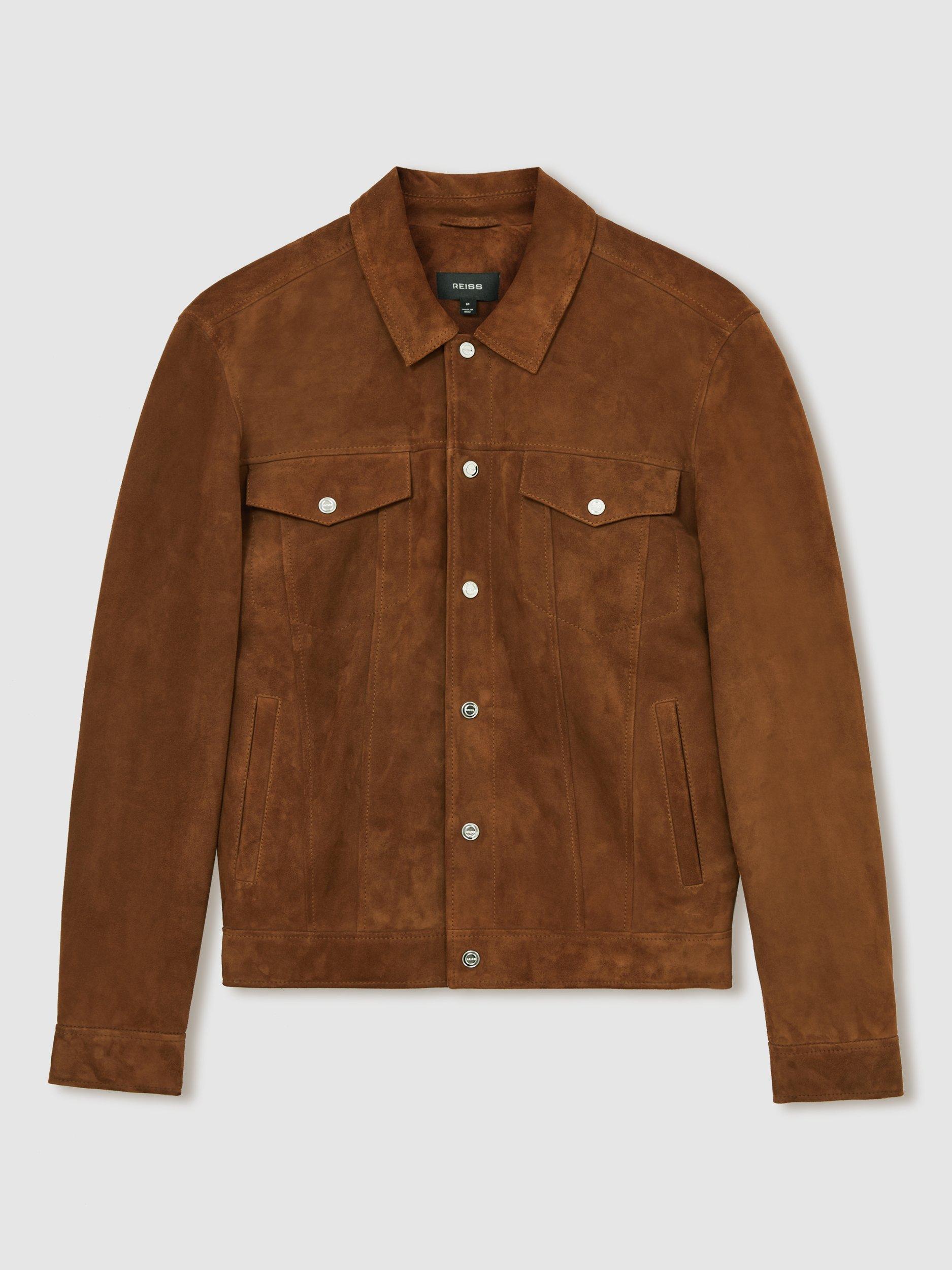 Product image 3 of 5, which shows Reiss Edington Suede Shirt Jacket, Tobacco Brown, S