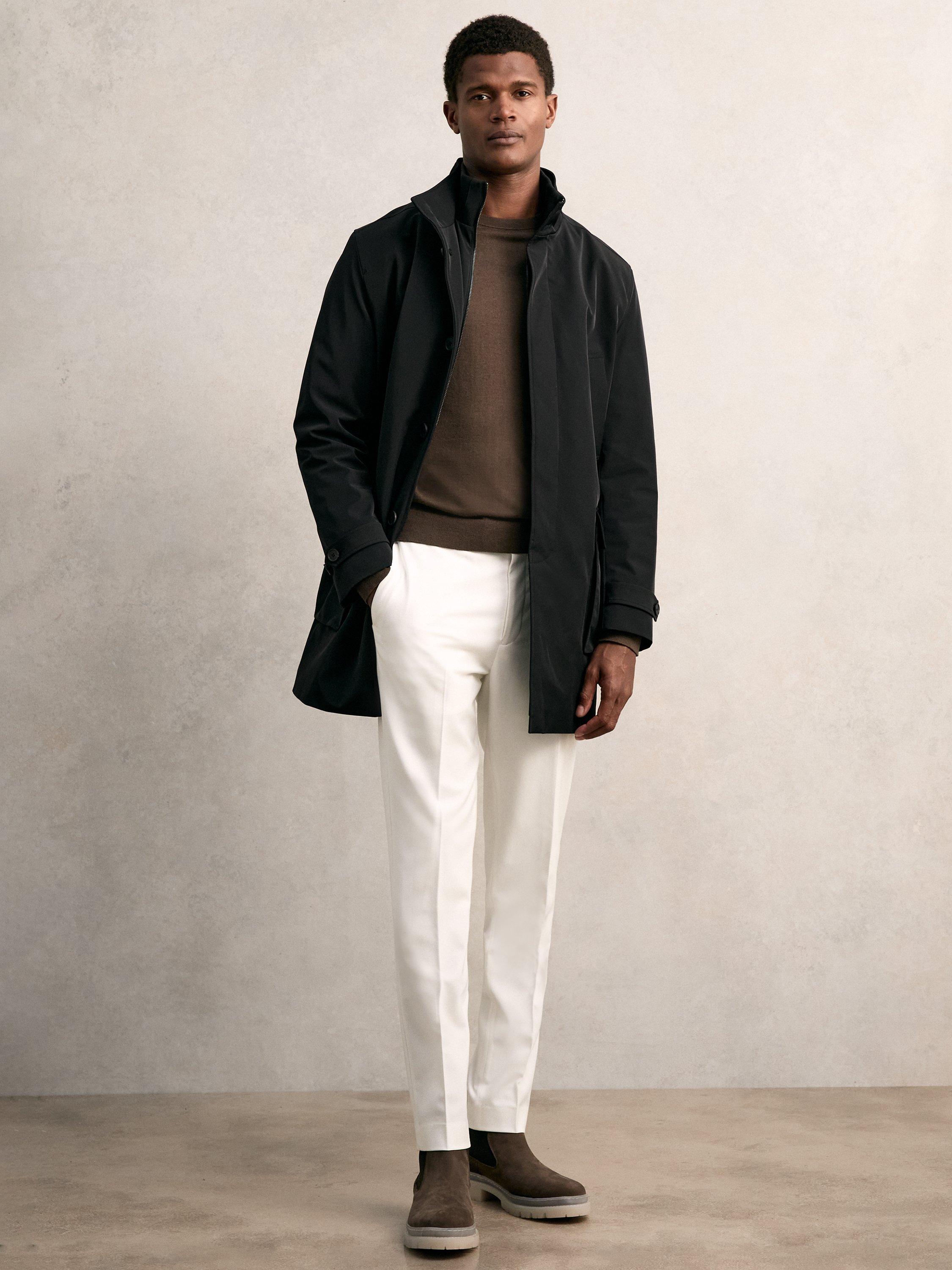 Product image 1 of 5, which shows Reiss Player Hybrid Removable Funnel Neck Overcoat, Black, XS
