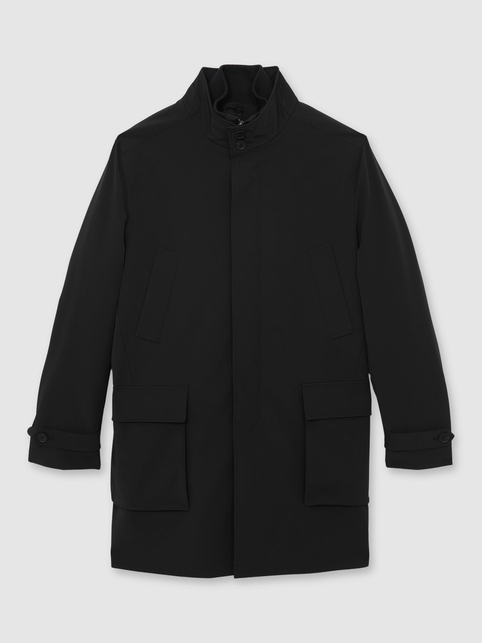 Product image 3 of 5, which shows Reiss Player Hybrid Removable Funnel Neck Overcoat, Black, XS