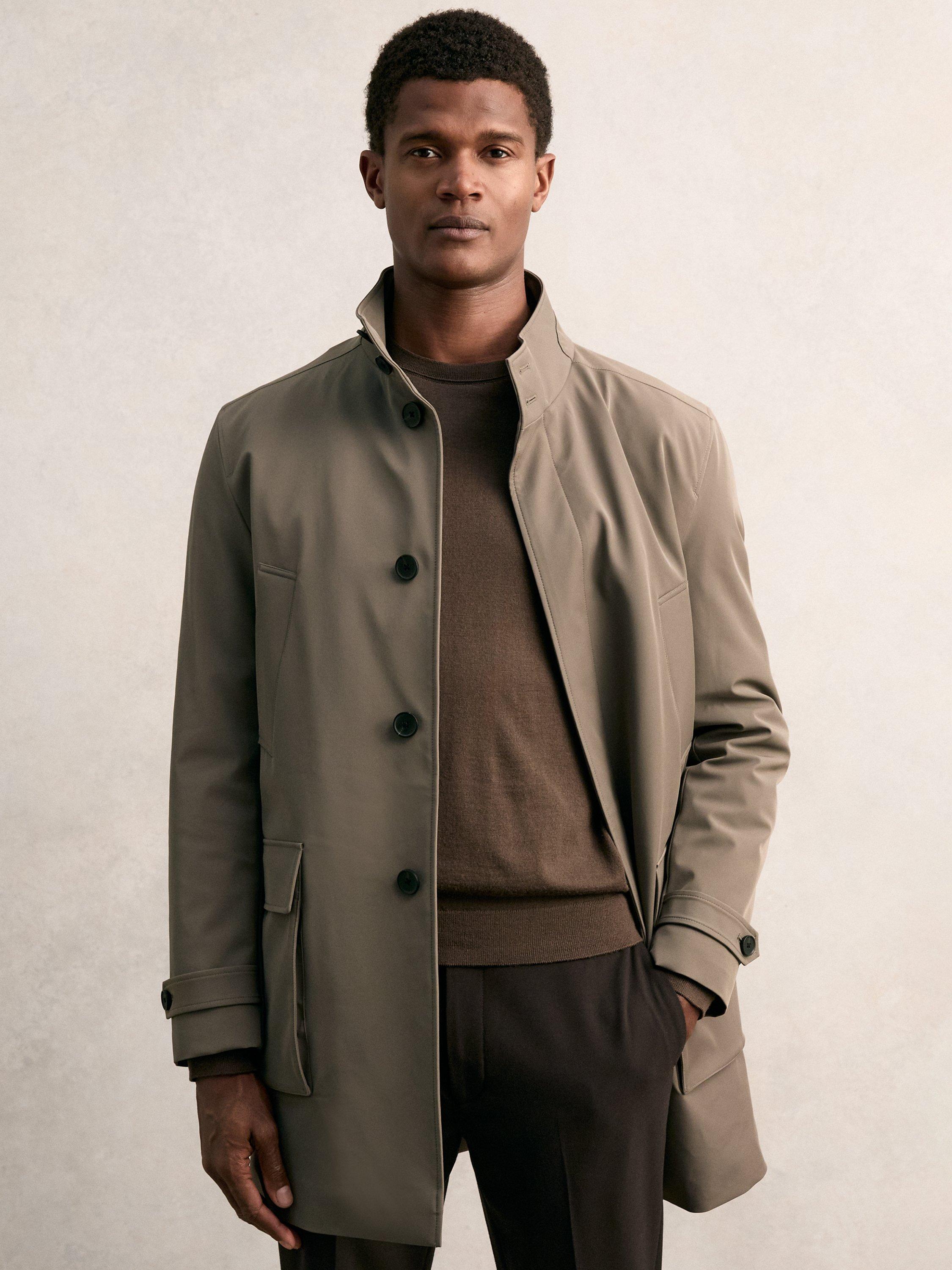 Reiss Player Hybrid Removable Funnel Neck Overcoat, Mushroom Brown