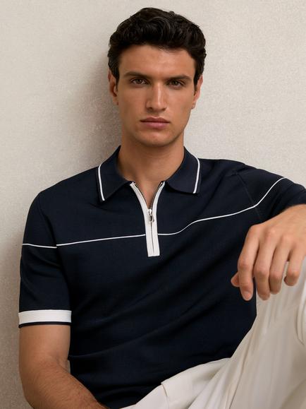 Reiss Bradford Zip Neck Polo Shirt, Navy/White