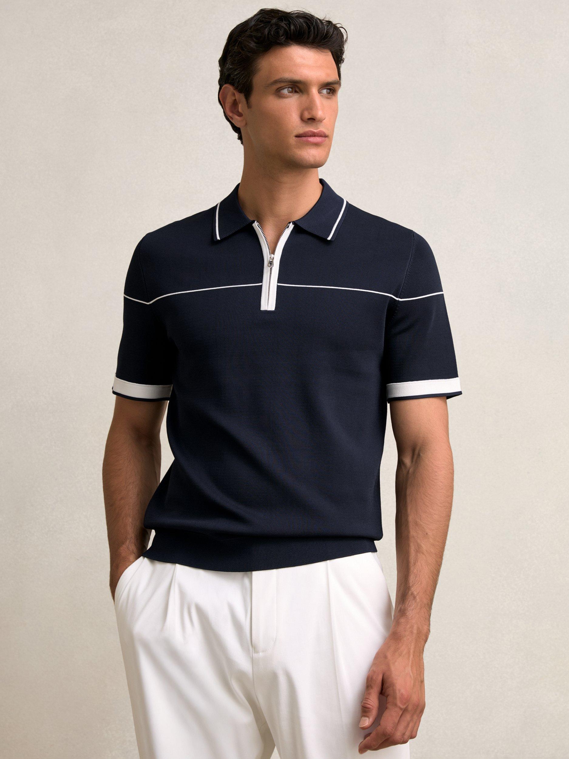 Product image 4 of 5, which shows Reiss Bradford Zip Neck Polo Shirt, Navy/White, XS