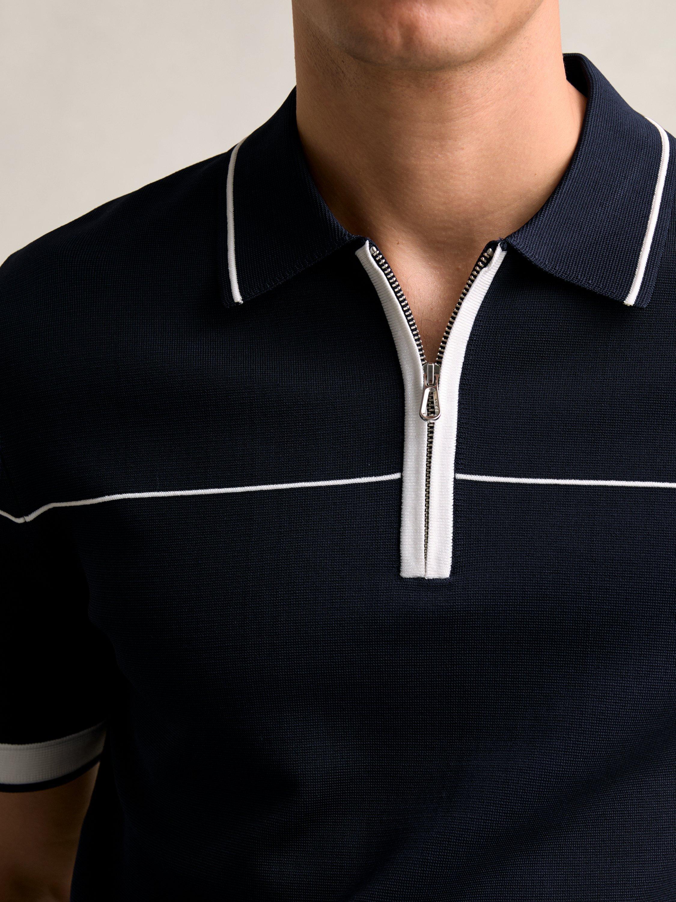Product image 5 of 5, which shows Reiss Bradford Zip Neck Polo Shirt, Navy/White, XS