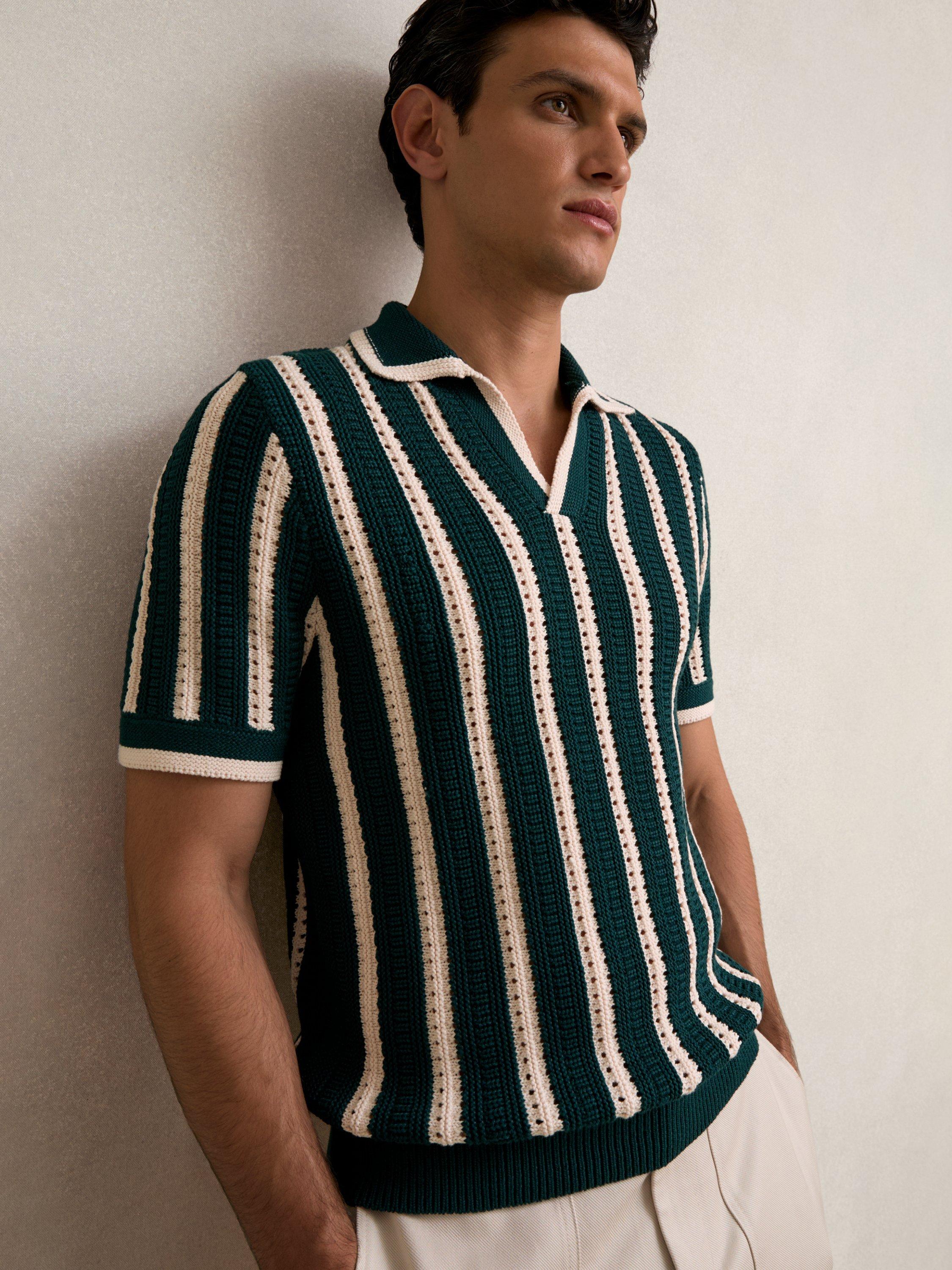 Product image 1 of 6, which shows Reiss Duncan Stripe Cotton Blend Polo Shirt, Dark Teal Green/Ecru, XS