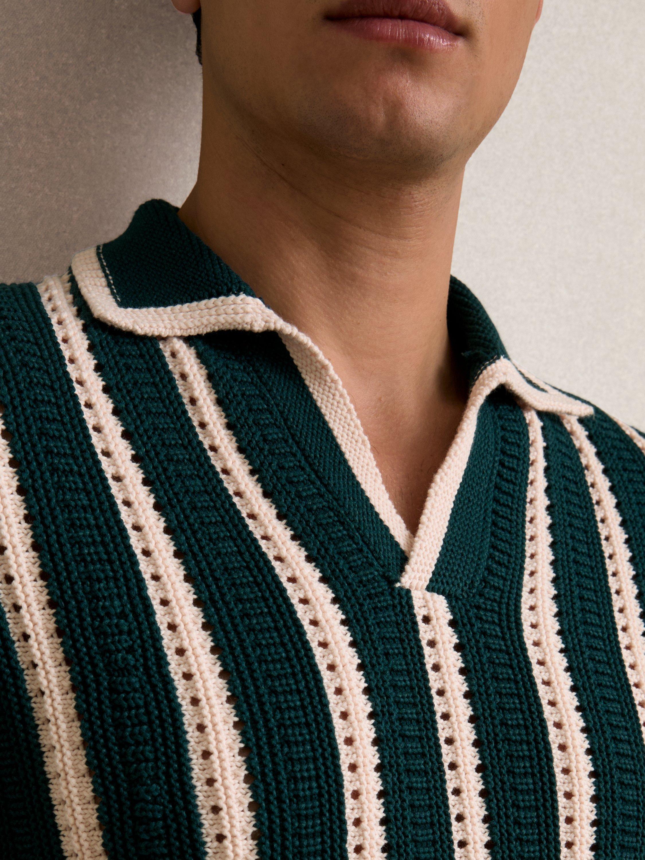 Product image 4 of 6, which shows Reiss Duncan Stripe Cotton Blend Polo Shirt, Dark Teal Green/Ecru, XS