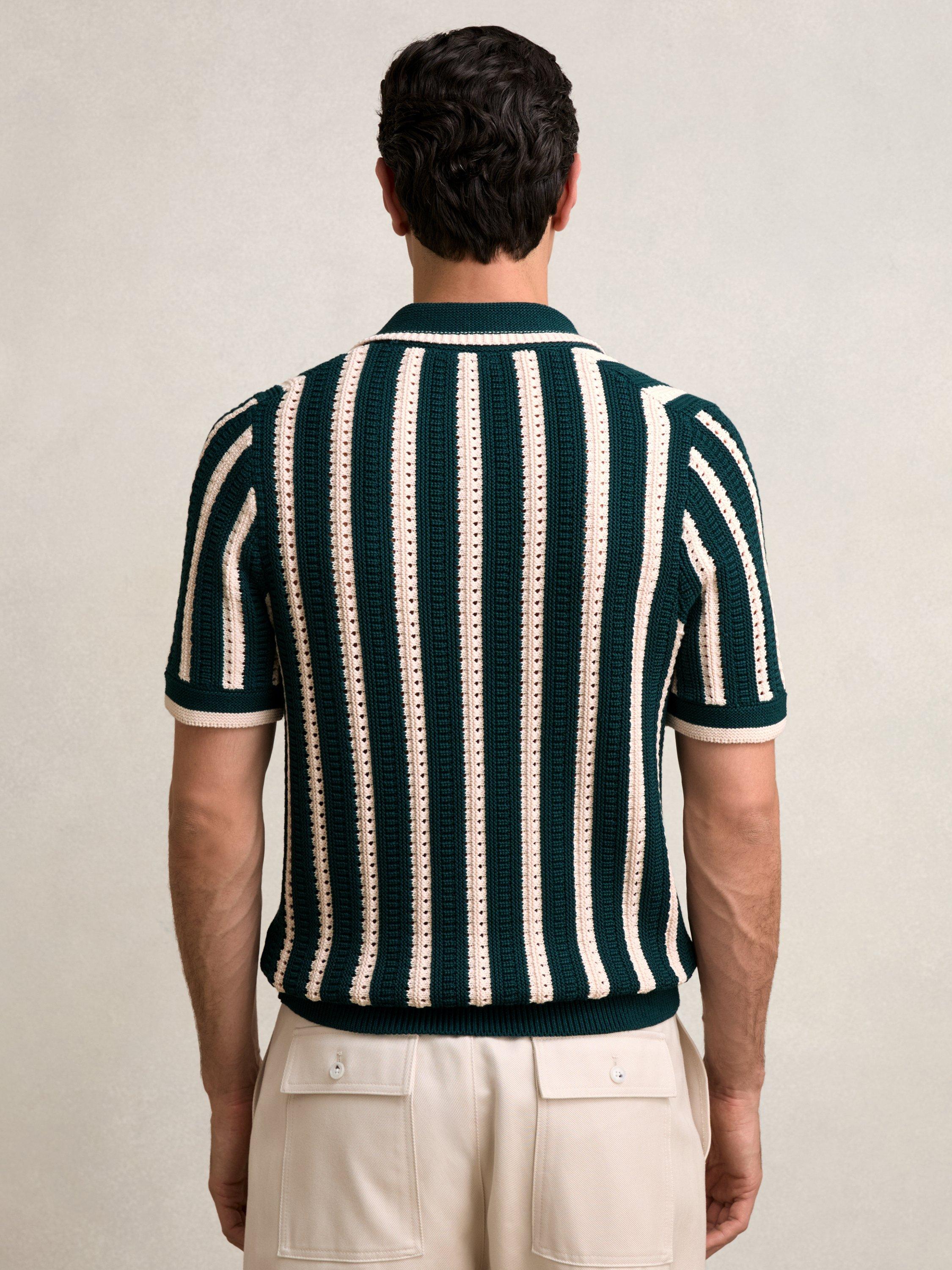 Product image 5 of 6, which shows Reiss Duncan Stripe Cotton Blend Polo Shirt, Dark Teal Green/Ecru, XS