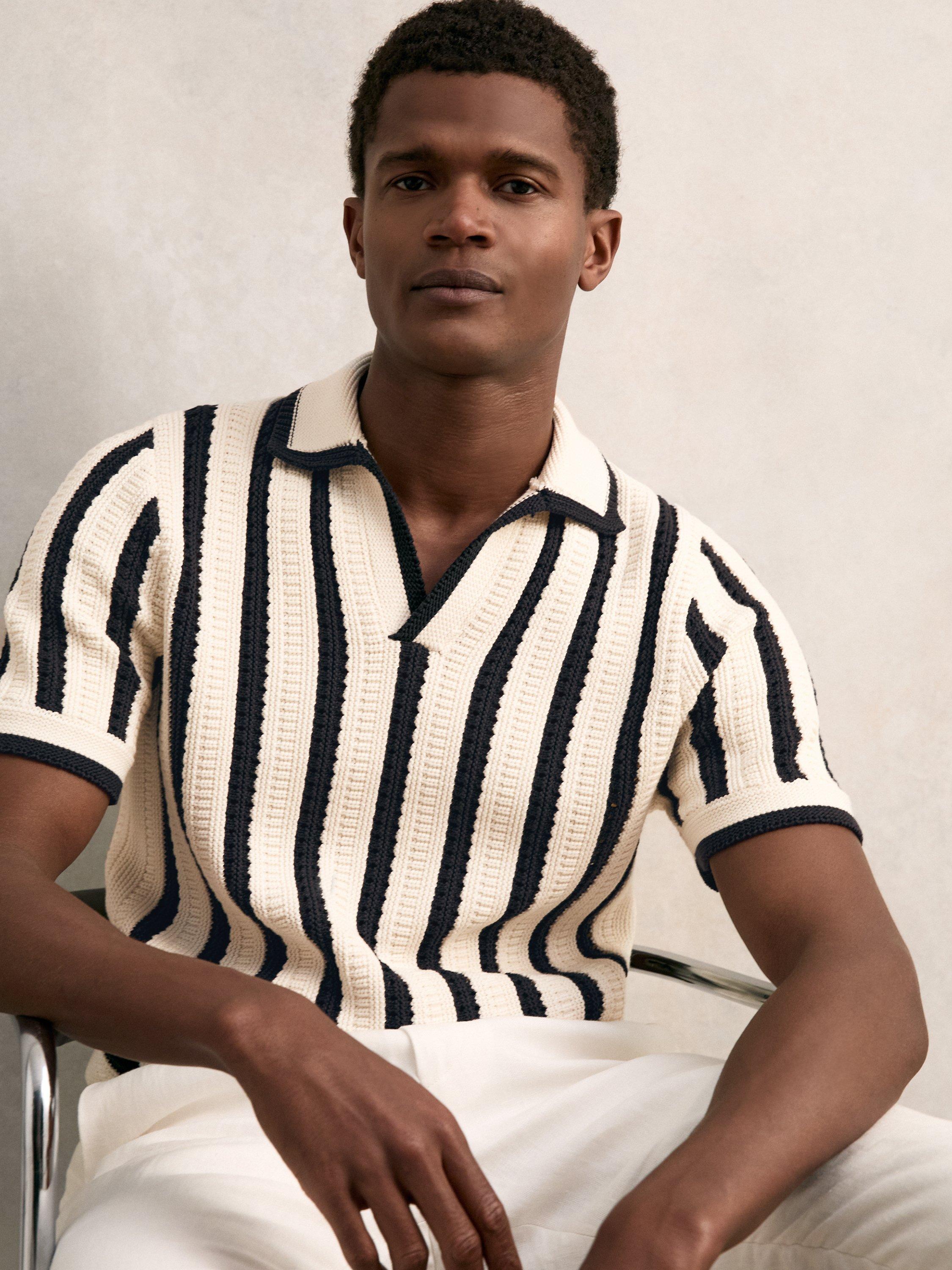 Product image 1 of 5, which shows Reiss Duncan Stripe Cotton Blend Polo Shirt, Off White/Navy, XS