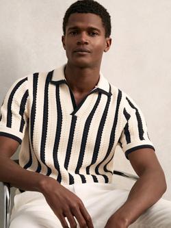 Reiss Duncan Stripe Cotton Blend Polo Shirt, Off White/Navy