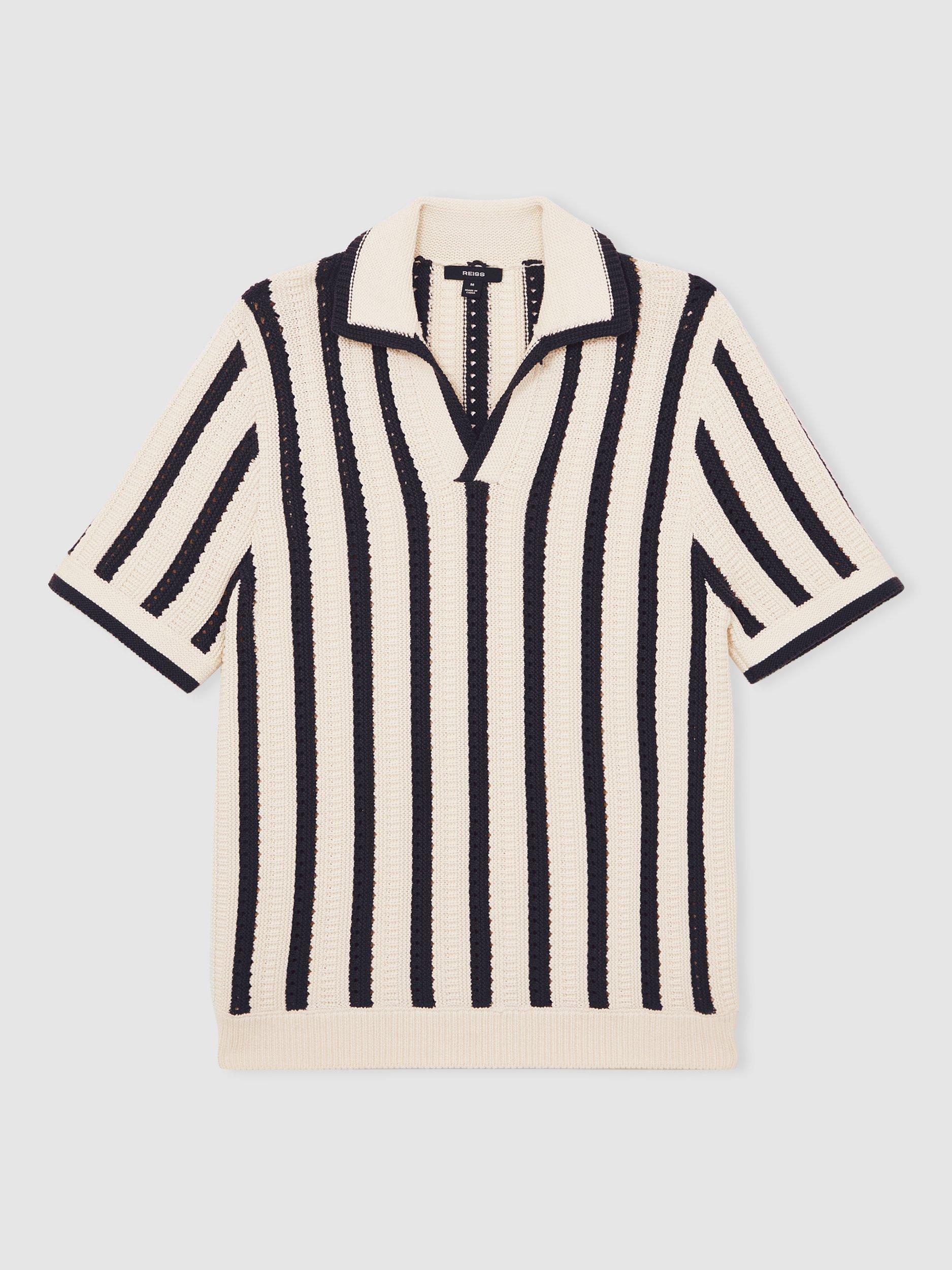 Product image 3 of 5, which shows Reiss Duncan Stripe Cotton Blend Polo Shirt, Off White/Navy, XS