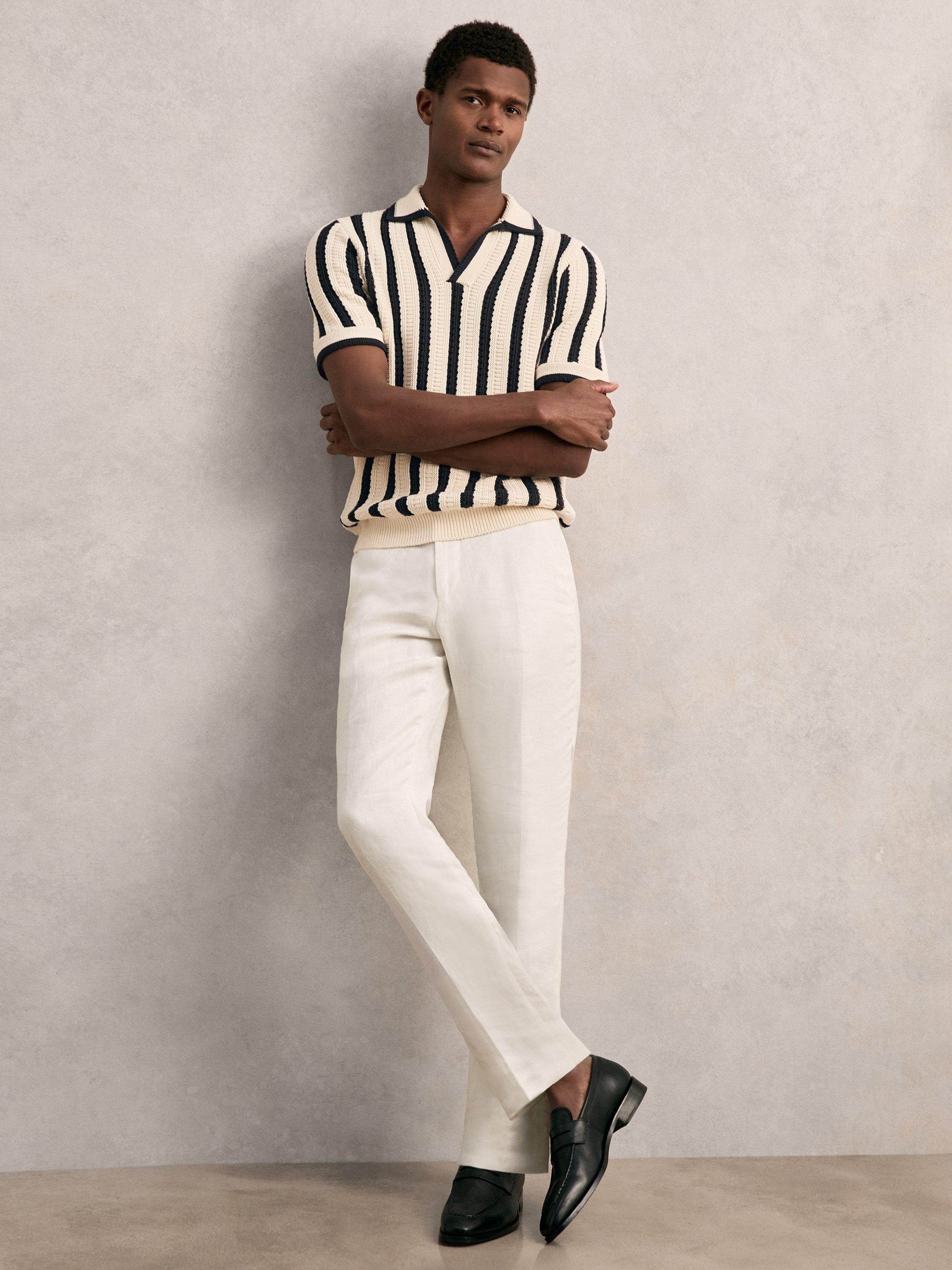 Product image 4 of 5, which shows Reiss Duncan Stripe Cotton Blend Polo Shirt, Off White/Navy, XS