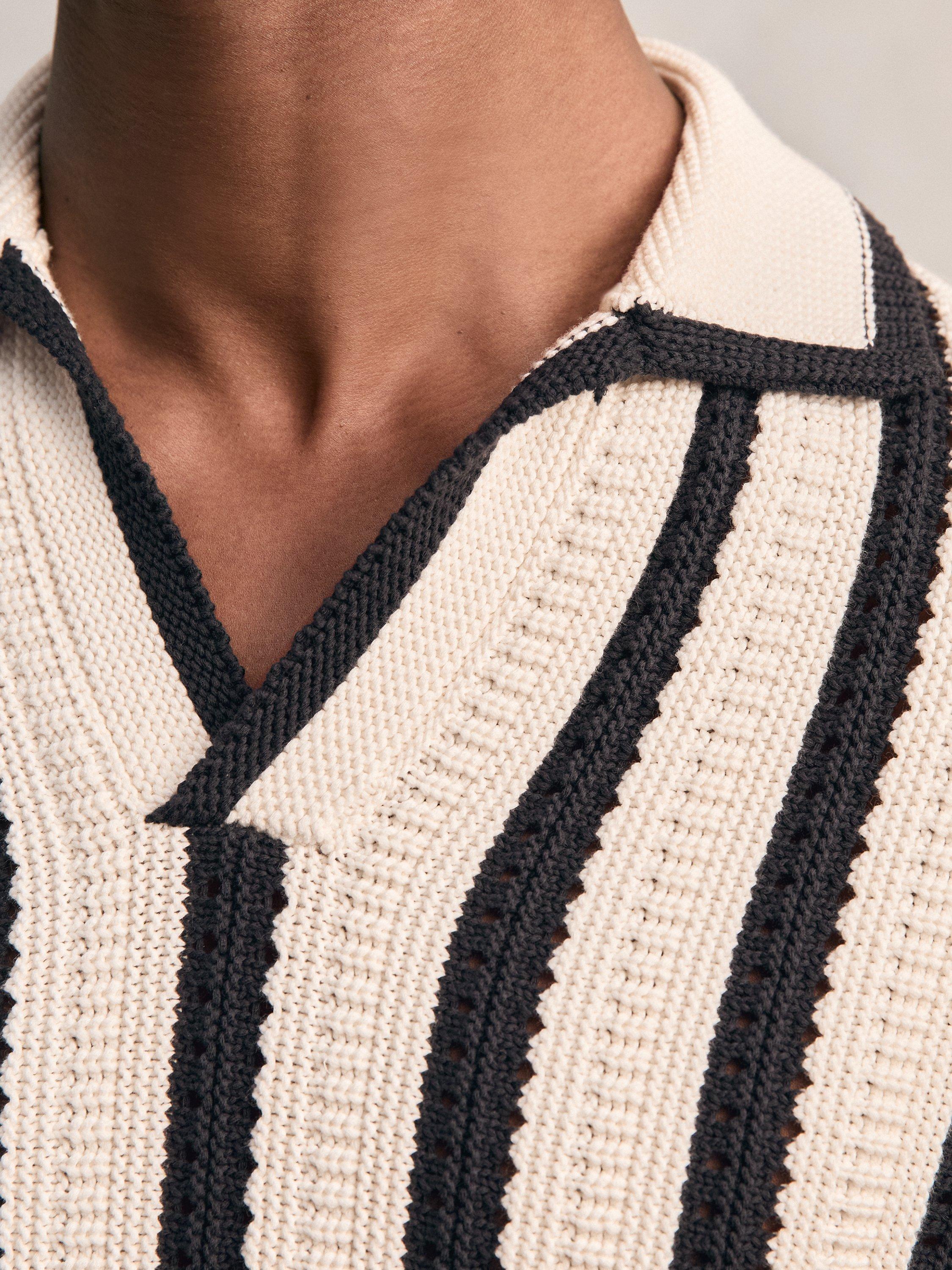 Product image 5 of 5, which shows Reiss Duncan Stripe Cotton Blend Polo Shirt, Off White/Navy, XS