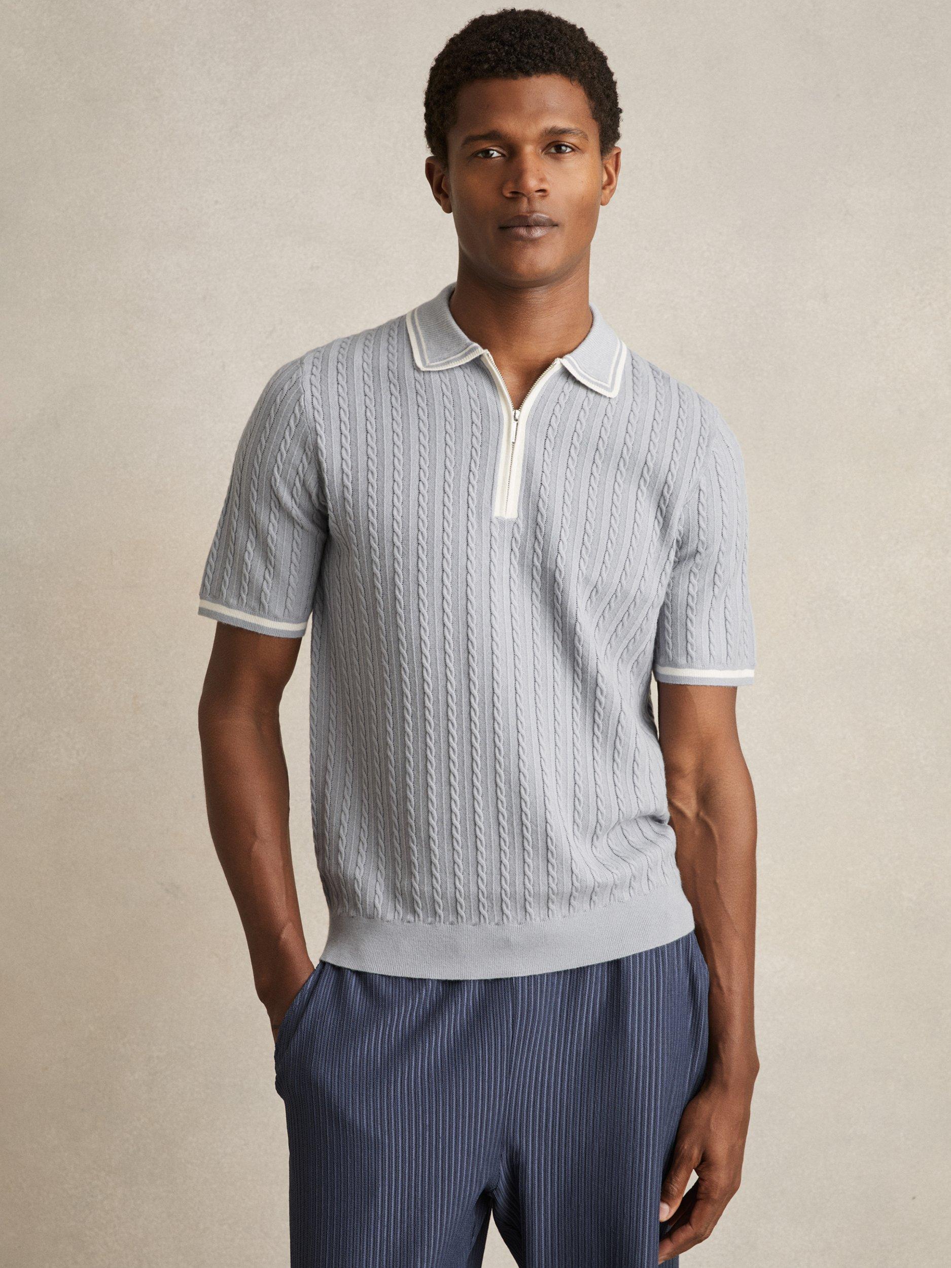 Product image 1 of 5, which shows Reiss Jarvis Knitted Polo Shirt, Soft Blue, XS