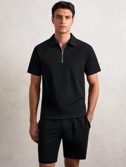 Reiss Winston Regular Fit Short Sleeve Zip Neck Polo Shirt, Black
