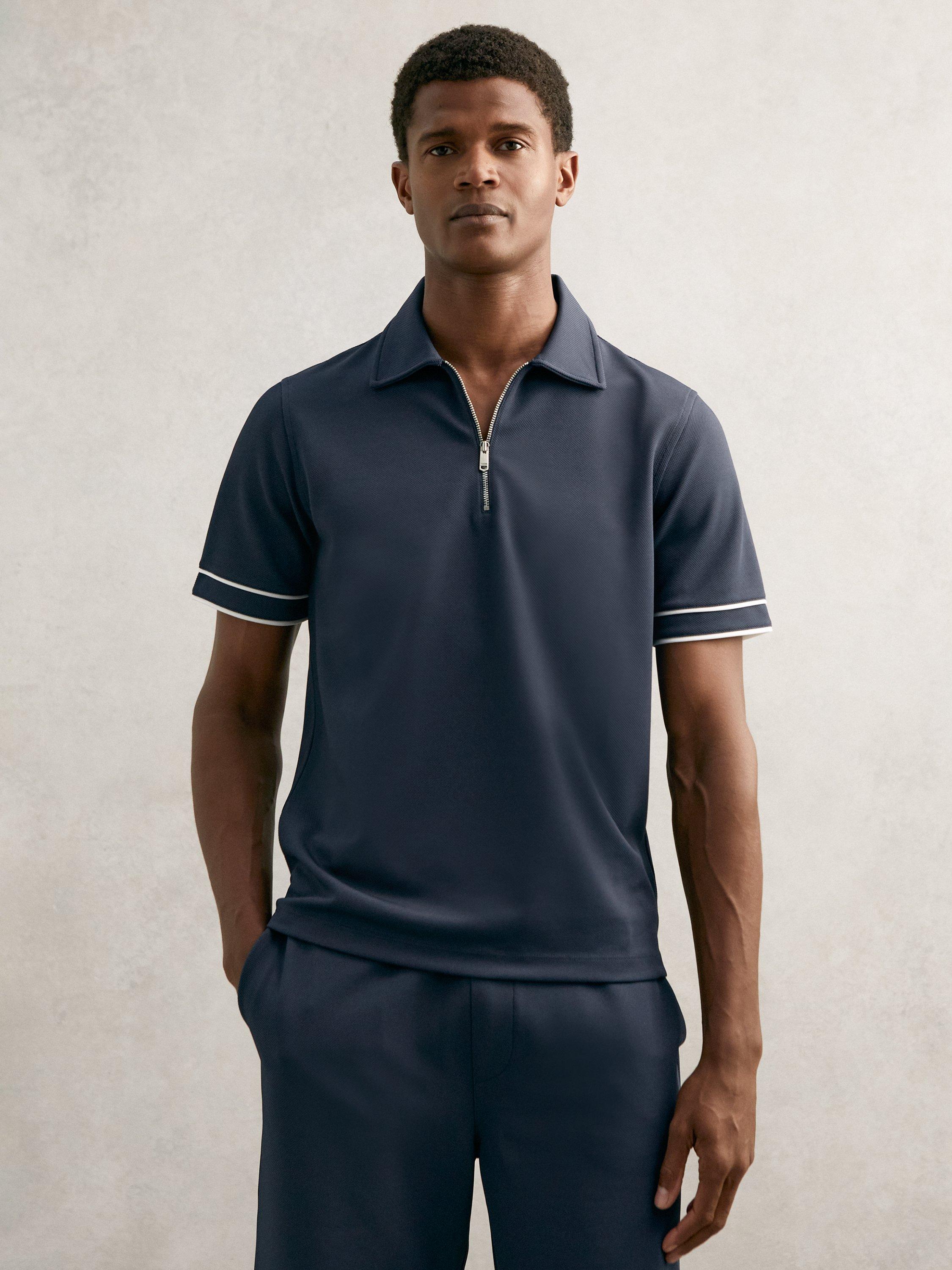 Product image 1 of 5, which shows Reiss Zain Regular Fit Short Sleeve Polo Shirt, Airforce Blue, XS