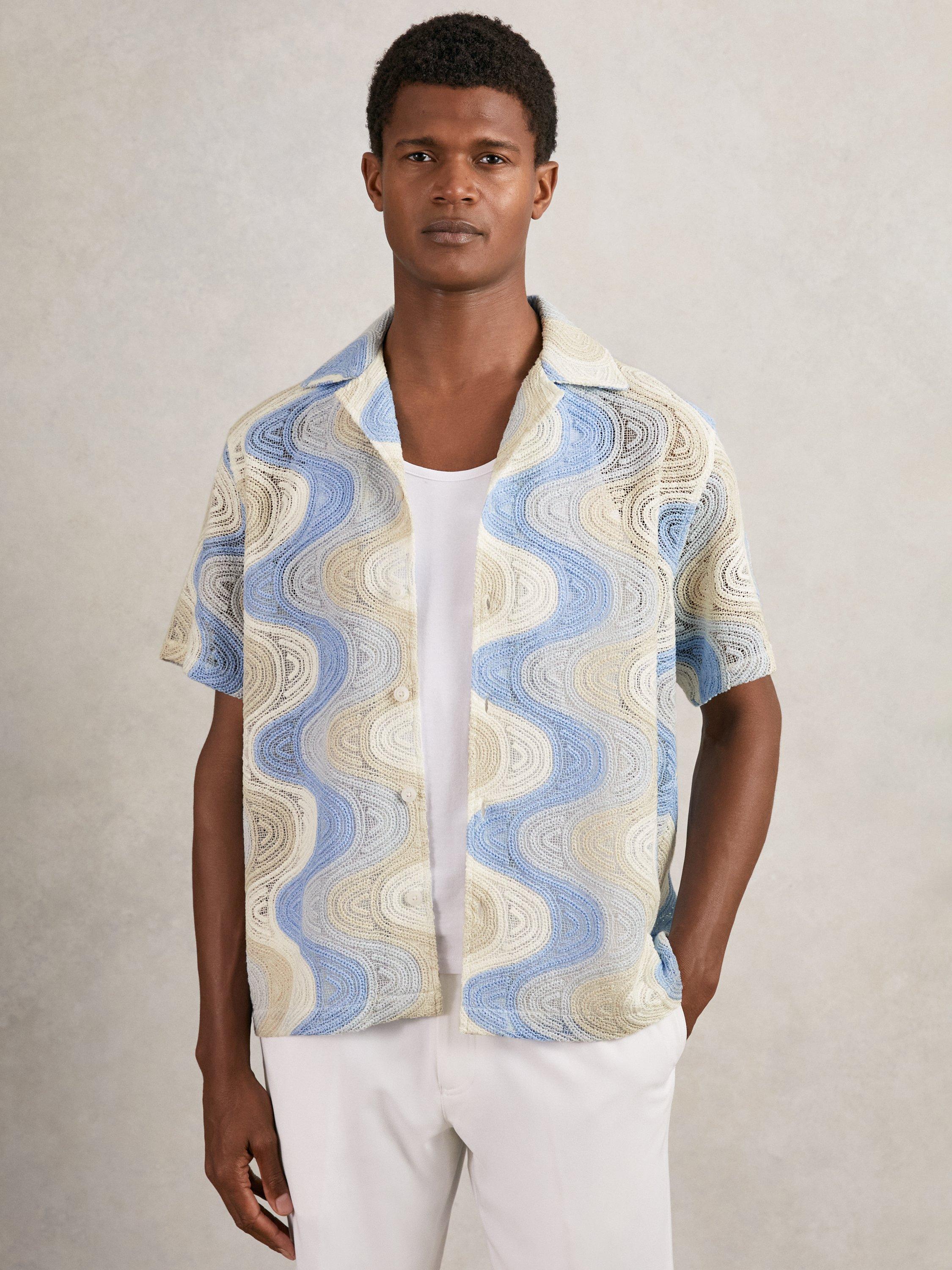 Product image 1 of 4, which shows Reiss Wilson Regular Fit Wave Patterned Revere Collar Shirt, Blue/Multi, S