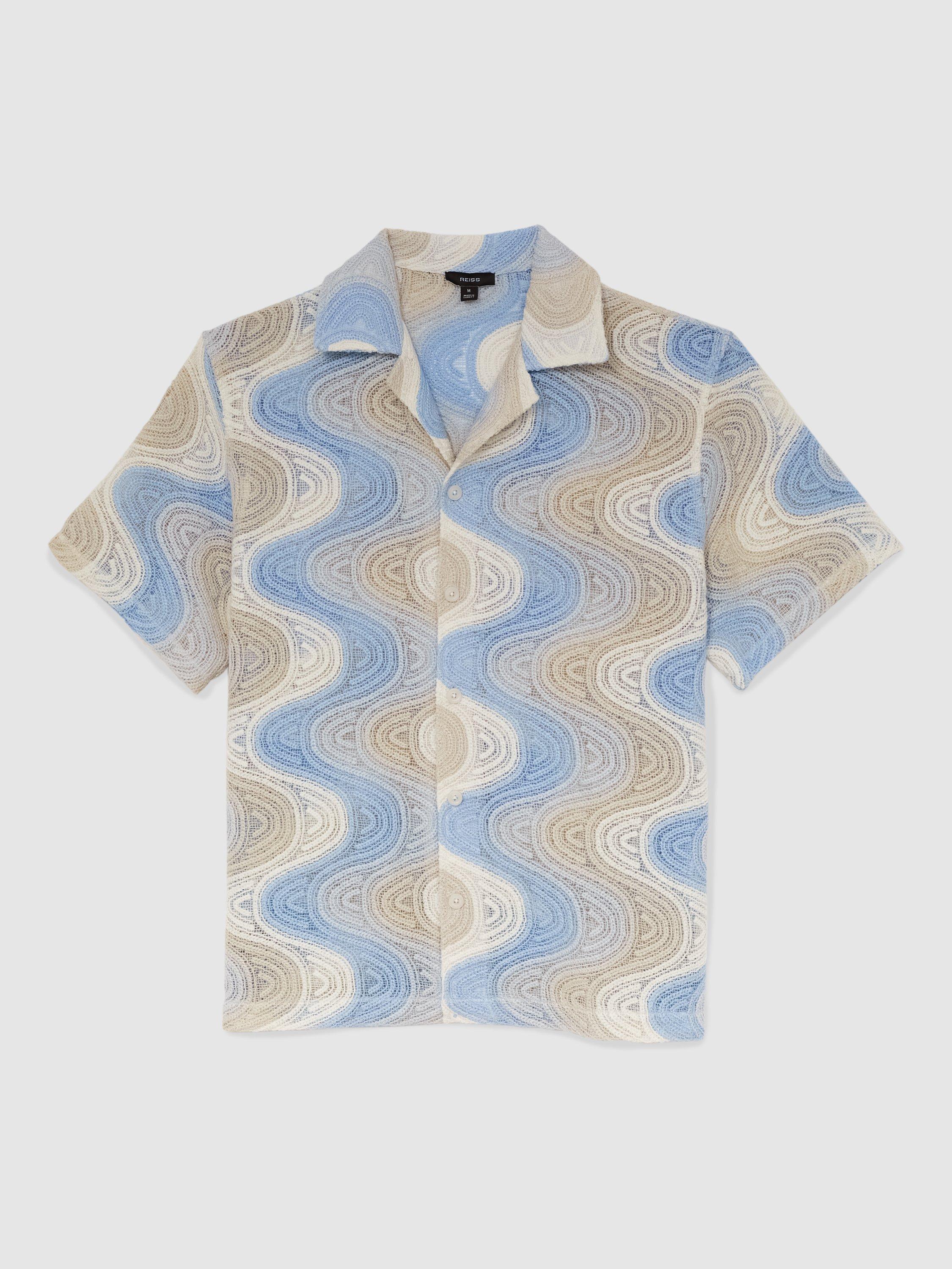 Product image 3 of 4, which shows Reiss Wilson Regular Fit Wave Patterned Revere Collar Shirt, Blue/Multi, S