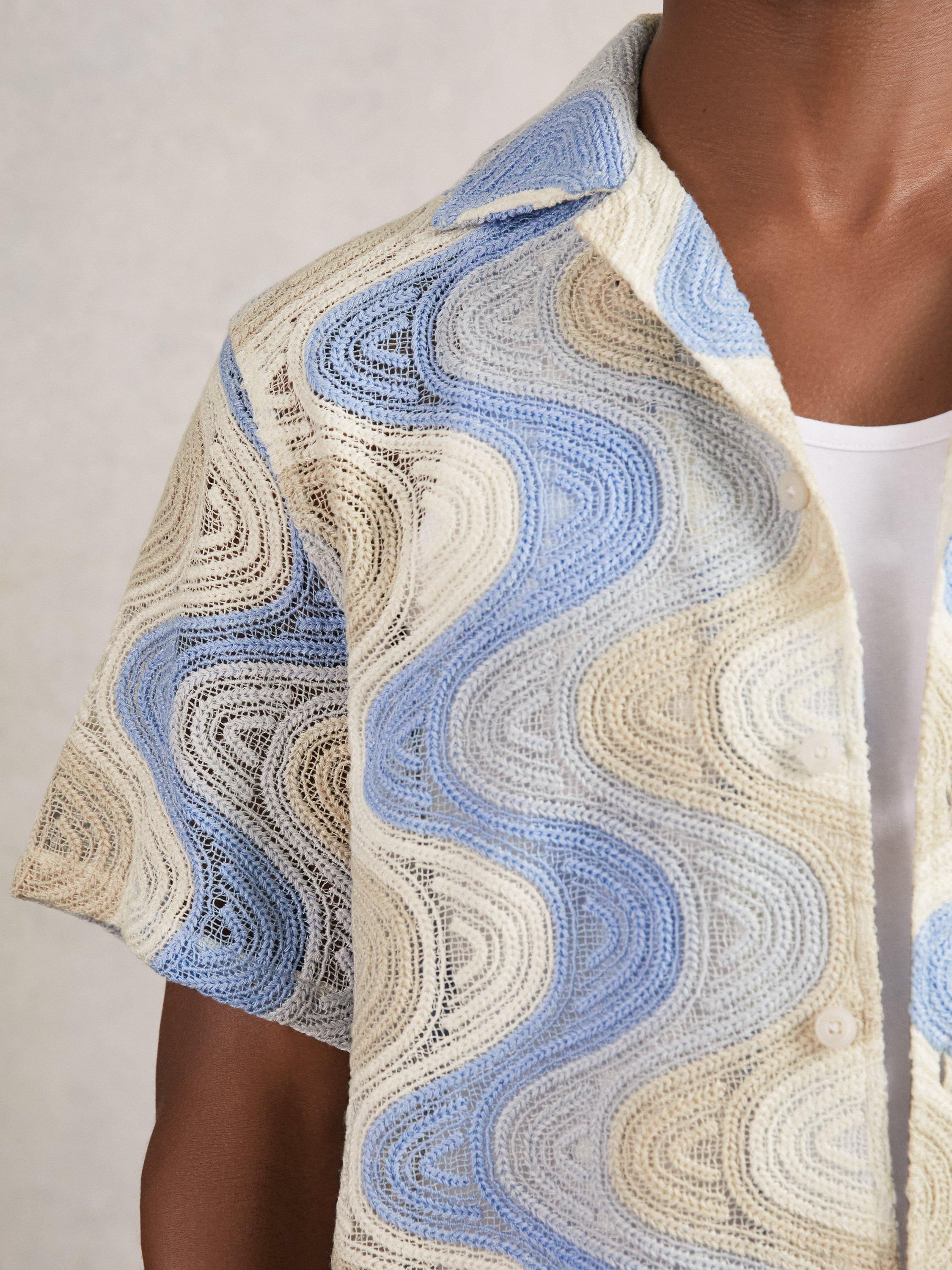 Product image 4 of 4, which shows Reiss Wilson Regular Fit Wave Patterned Revere Collar Shirt, Blue/Multi, S