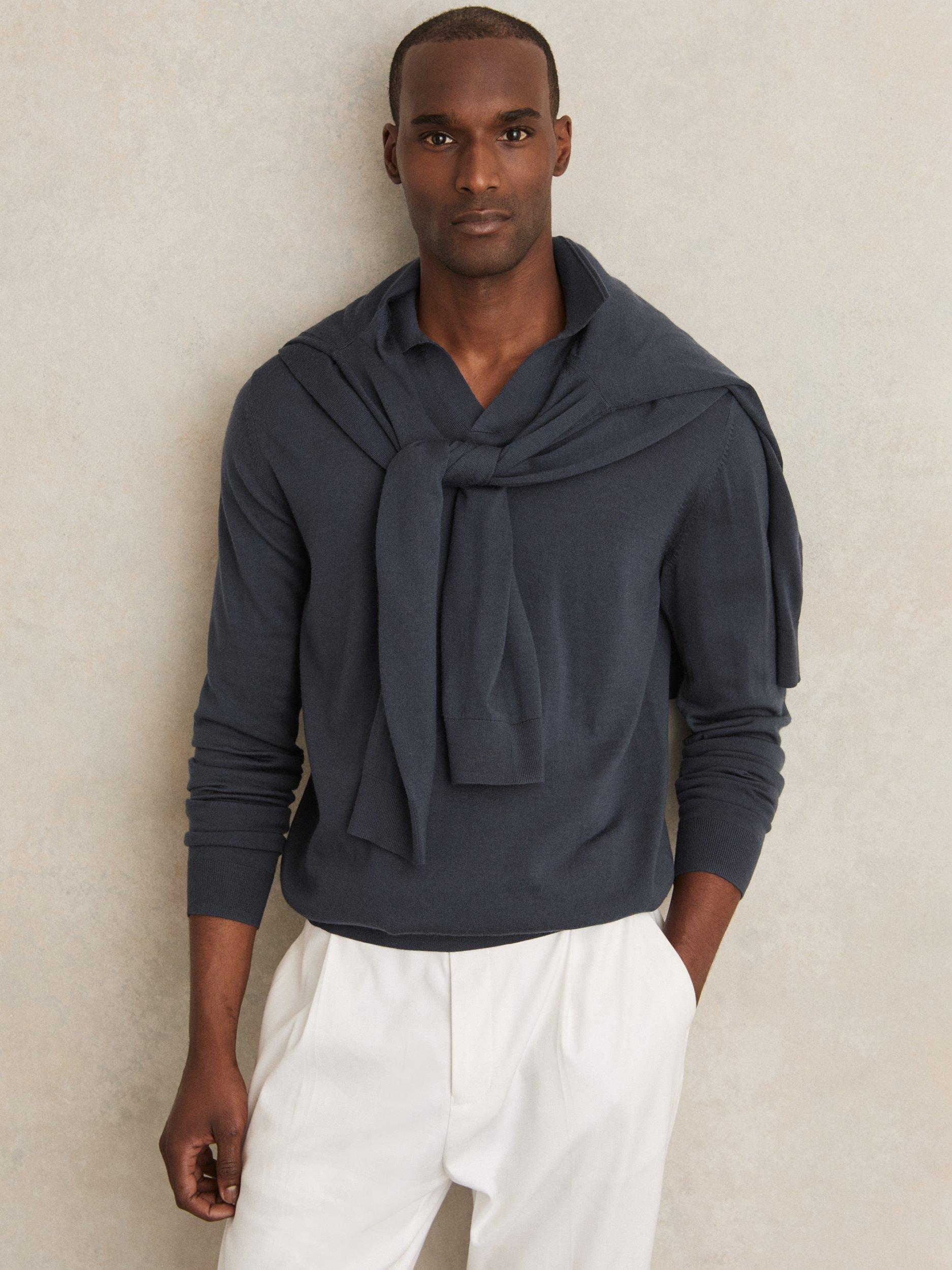 Product image 1 of 5, which shows Reiss Milburn Buttonless Long Sleeve Polo Shirt, Midnight Navy, XXL