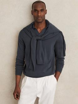 Reiss Milburn Buttonless Long Sleeve Polo Shirt, Midnight Navy