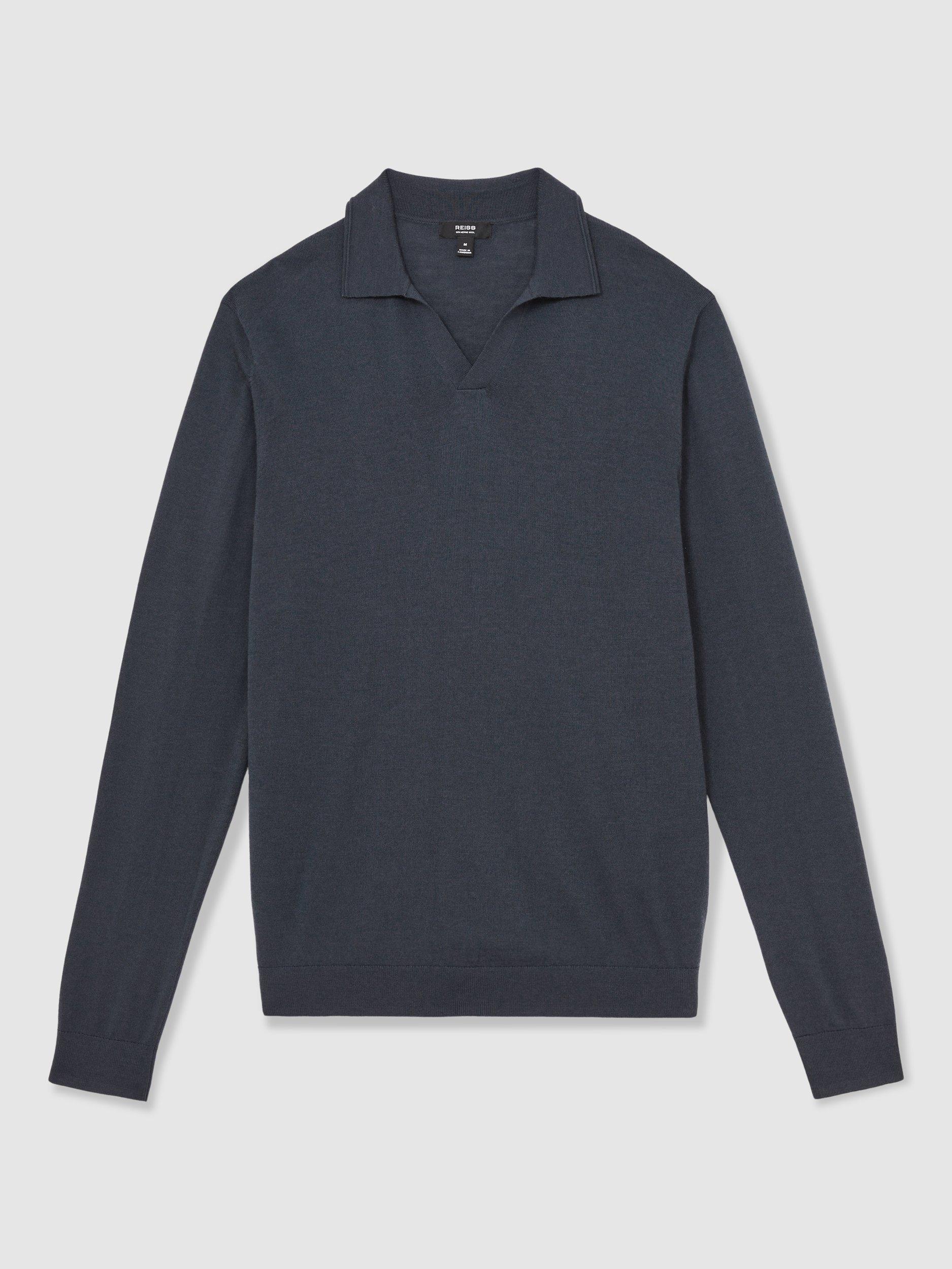 Product image 3 of 5, which shows Reiss Milburn Buttonless Long Sleeve Polo Shirt, Midnight Navy, XXL