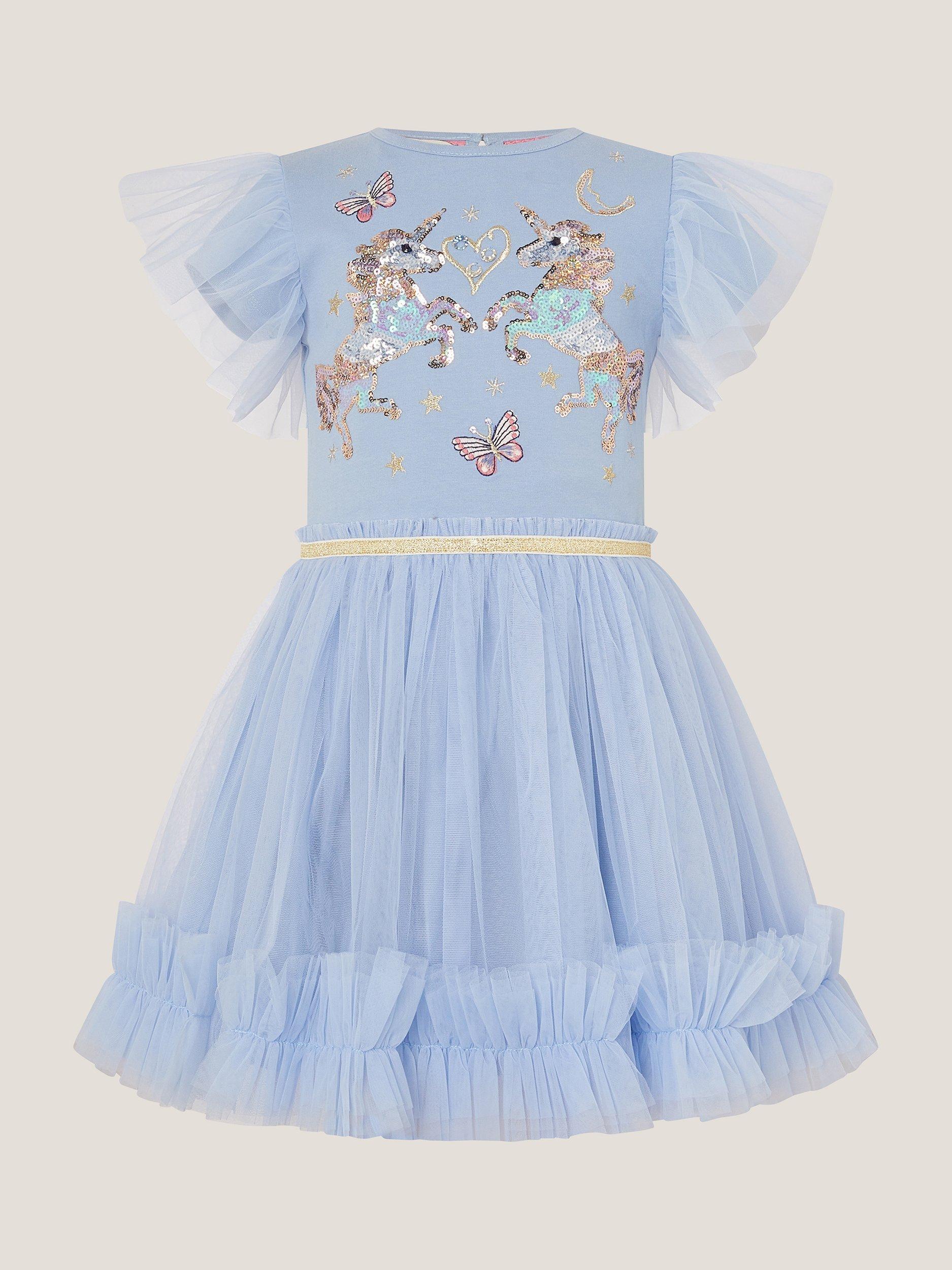 Product image 2 of 4, which shows Monsoon Kids' Sequin Unicorn Disco Dress, Blue, 7-8 years