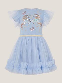 Monsoon Kids' Sequin Unicorn Disco Dress, Blue - view 2, Blue