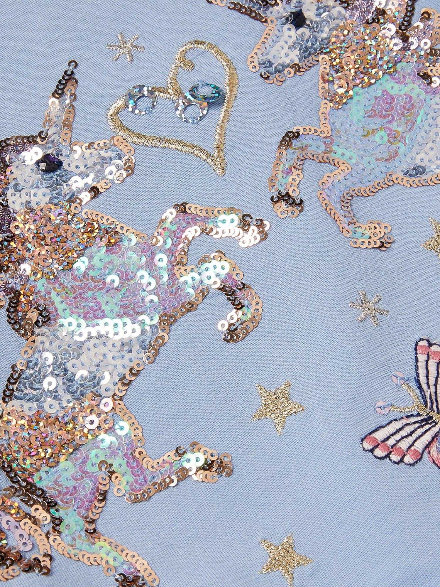 Product image 4 of 4, which shows Monsoon Kids' Sequin Unicorn Disco Dress, Blue, 7-8 years