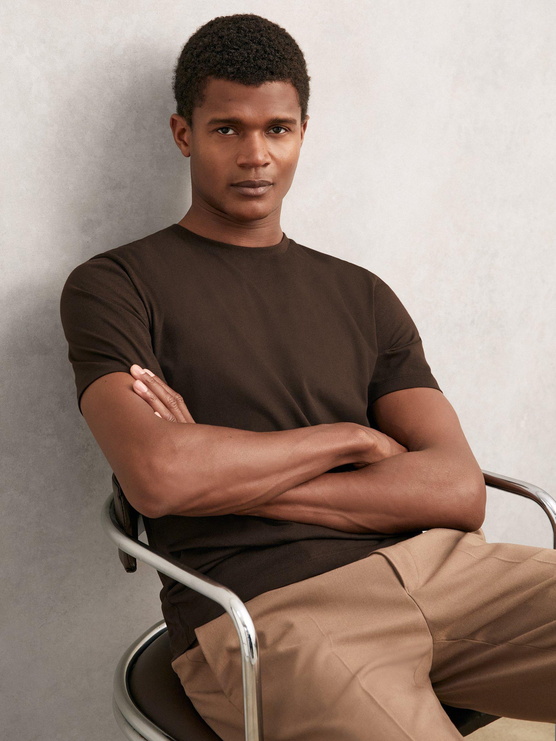 Product image 1 of 5, which shows Reiss Bless Short Sleeve Cotton T-Shirt, Coco Brown, XS