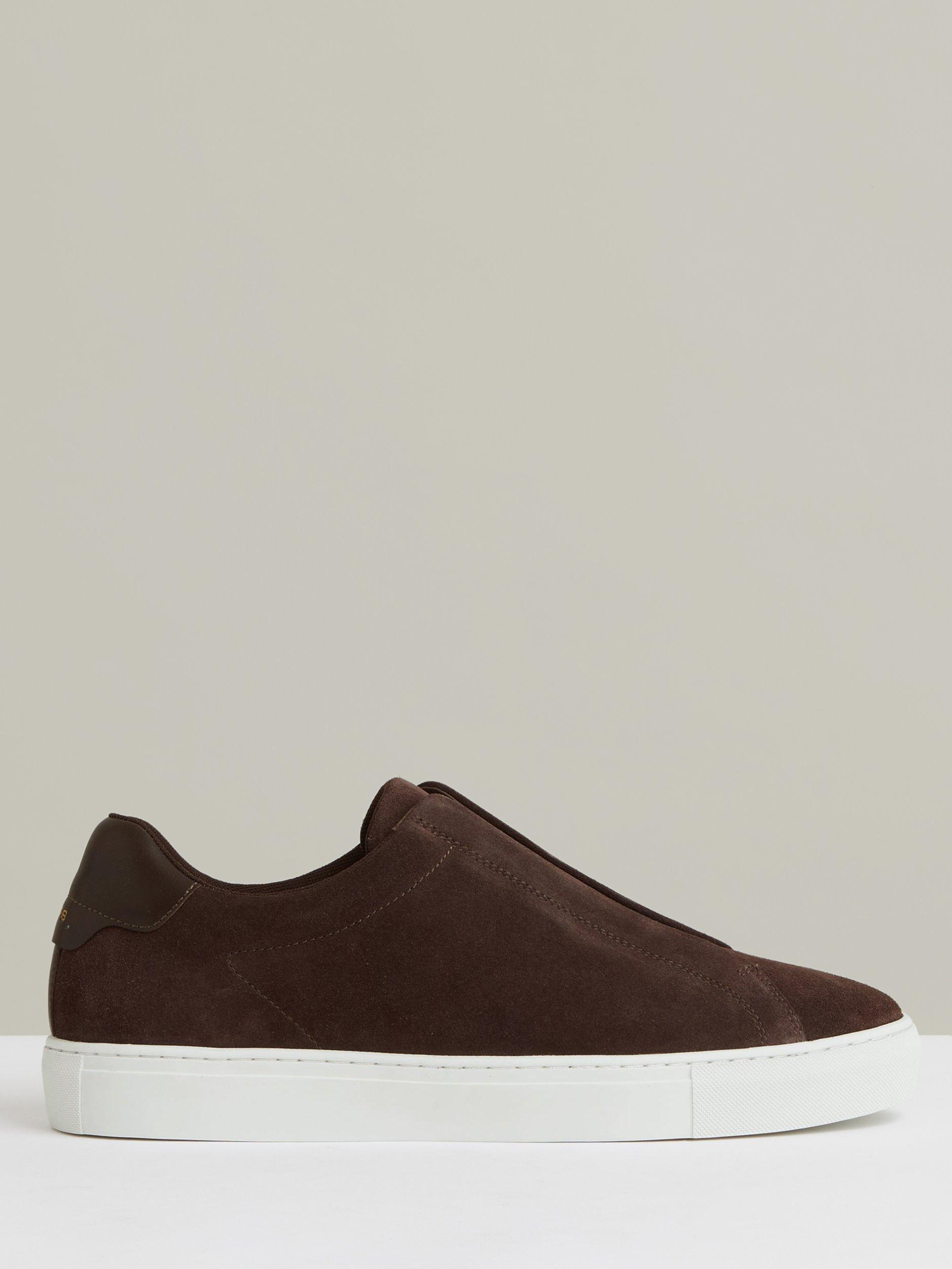 Product image 1 of 5, which shows Reiss Emil Slip On Suede Trainers, Chocolate Brown, 7