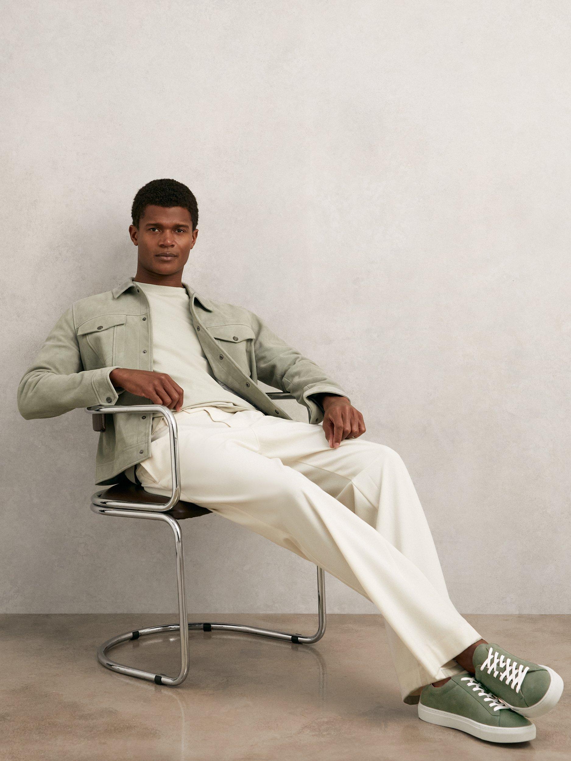 Product image 3 of 5, which shows Reiss Finley Nubuck Low Top Trainers, Thyme Green, 7