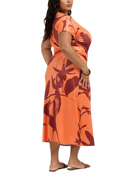 FASHION SZN Curve Floral Wrap Jersey Midi Dress, Orange - view 2, Orange