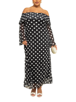FASHION SZN Curve Plus Size Polka Dot Bardot Maxi Dress, Black/Multi