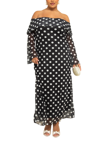 FASHION SZN Curve Plus Size Polka Dot Bardot Maxi Dress, Black/Multi
