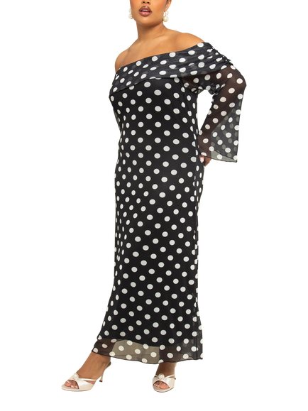 FASHION SZN Curve Plus Size Polka Dot Bardot Maxi Dress - view 2, Black/Multi