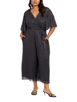 FASHION SZN Polka Dot Crop Short Sleeve V Neck Jumpsuit, Black/Multi