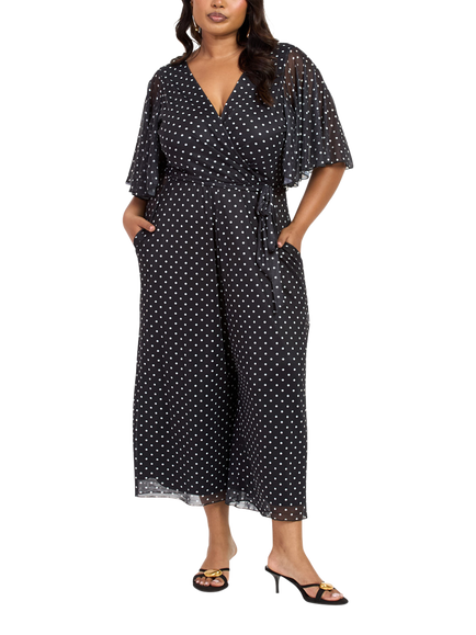 FASHION SZN Polka Dot Crop Short Sleeve V Neck Jumpsuit, Black/Multi