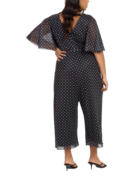 FASHION SZN Polka Dot Crop Short Sleeve V Neck Jumpsuit - view 2, Black/Multi