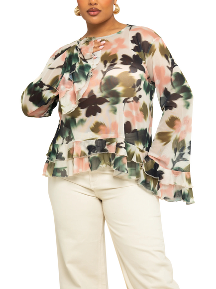 FASHION SZN Curve Floral Swing Mesh Top, Beige/Multi, Beige/Multi