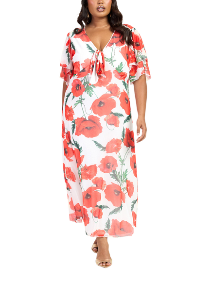 FASHION SZN Curve Poppy Print Tie Front Dress, White, White