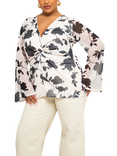 FASHION SZN Curve Floral Twist Front Mesh Top, Beige/Multi