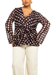 FASHION SZN Curve Polka Dot Twist Front Mesh Top, Brown/Multi