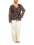 FASHION SZN Curve Polka Dot Twist Front Mesh Top, Brown/Multi