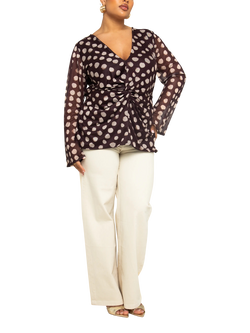 FASHION SZN Curve Polka Dot Twist Front Mesh Top, Brown/Multi - view 2, Brown/Multi