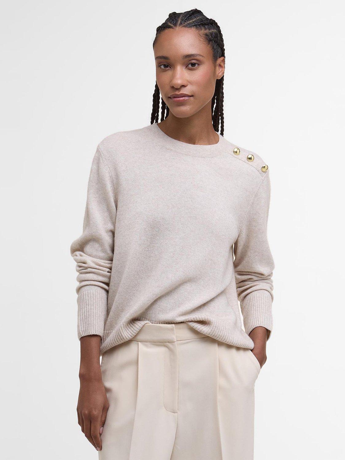 Product image 1 of 7, which shows Barbour Eleanor Crew Neck Jumper, Light Beige, 8