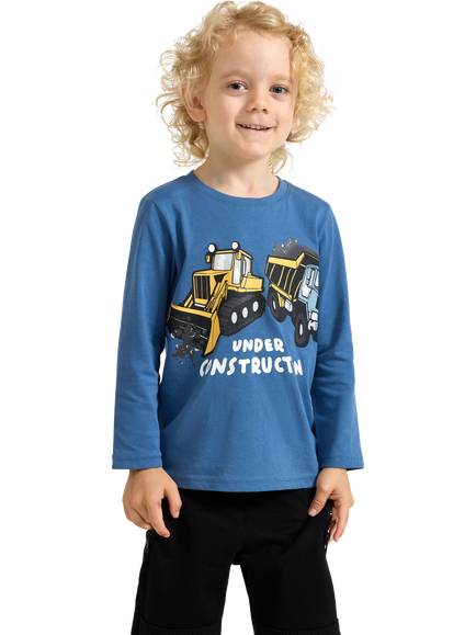 Lindex Kids' Cotton Long Sleeved Vehicle Print Top, Light Dusty Blue, Light Dusty Blue