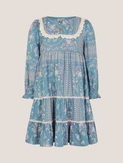 Monsoon Kids' Long Sleeved Paisley Lace Dress, Blue, Blue