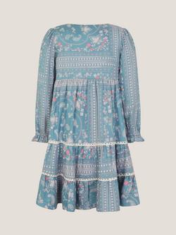 Monsoon Kids' Long Sleeved Paisley Lace Dress, Blue - view 2, Blue