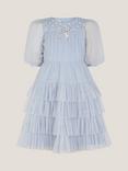 Monsoon Kids' Long Sleeved Bow Beaded Ruffle Dress, Blue