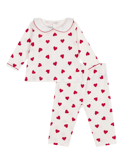 Petit Bateau Baby Cotton Heart Print Pyjama Set, Marshmallow/Terkuit, Marshmallow/Terkuit