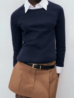 Mango Basikina Round Neck Cotton Blend Sweater, Navy